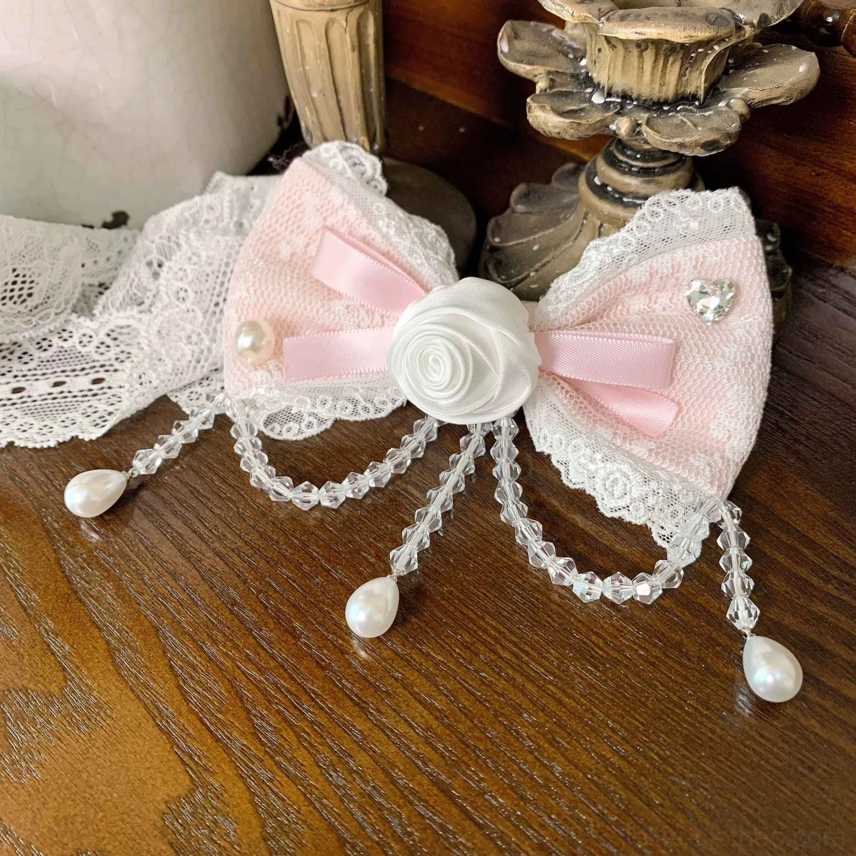 Wishing Star Pink Side Clip Brooch 2-in-1 flat lay - mini lolita hair clip with flower design white fabric rose lace trim pearl beaded tassel pendants