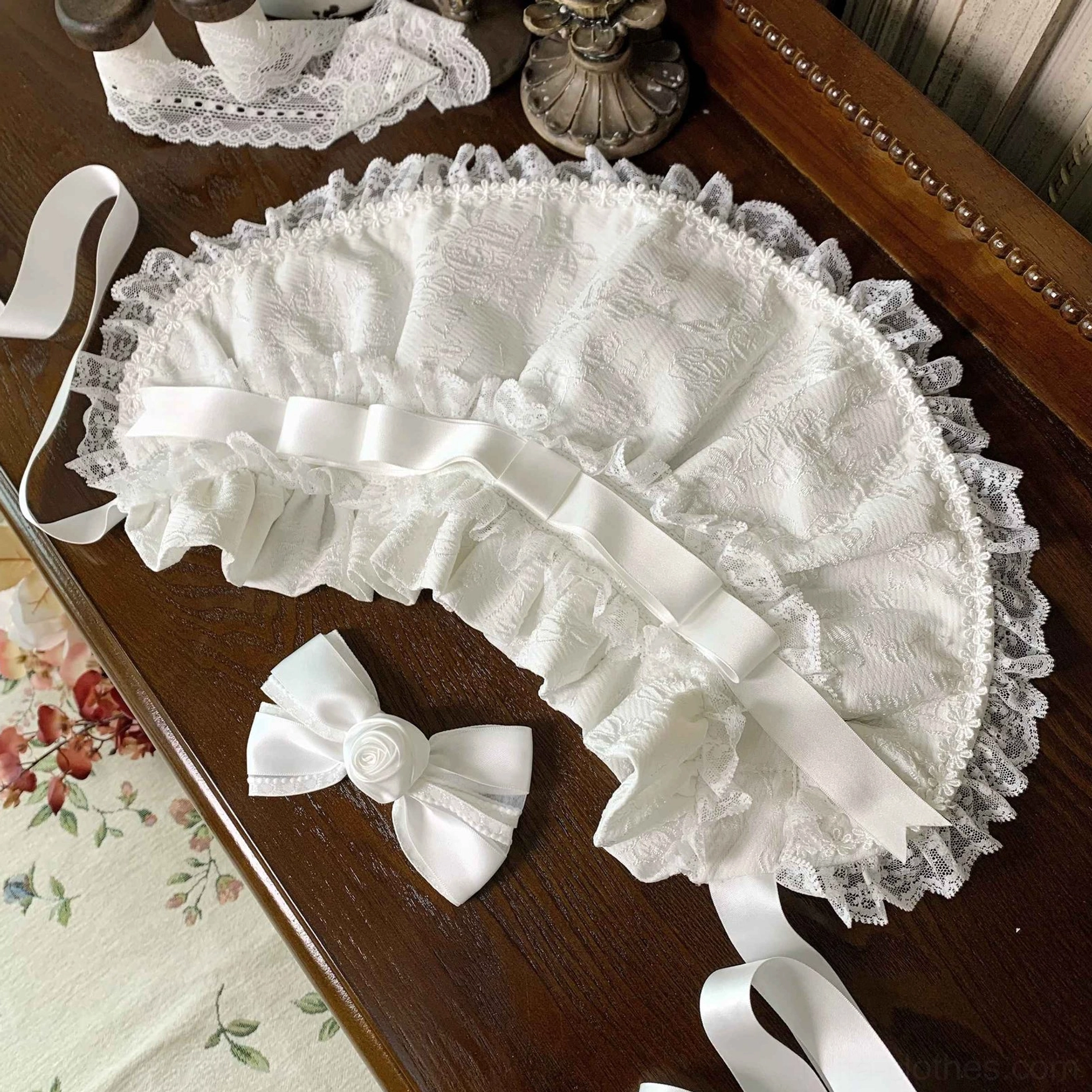 Wishing Star Sweet Lolita Blouse sleeve detail - princess sleeve trumpet cuff design white chiffon ruffled lace trim on mannequin