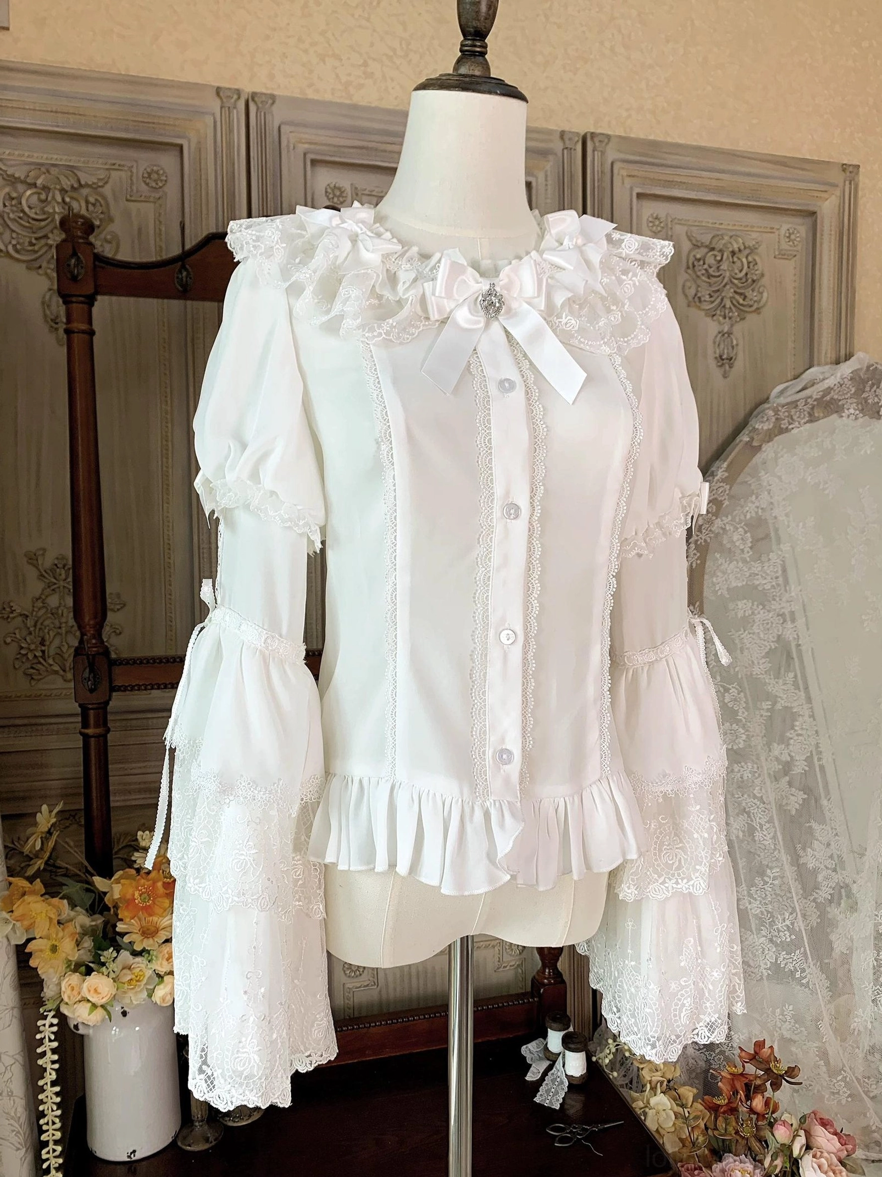 Wishing Star Sweet Lolita Blouse front view on mannequin - white princess sleeve shirt with tiered ruffled lace collar and front button closure
