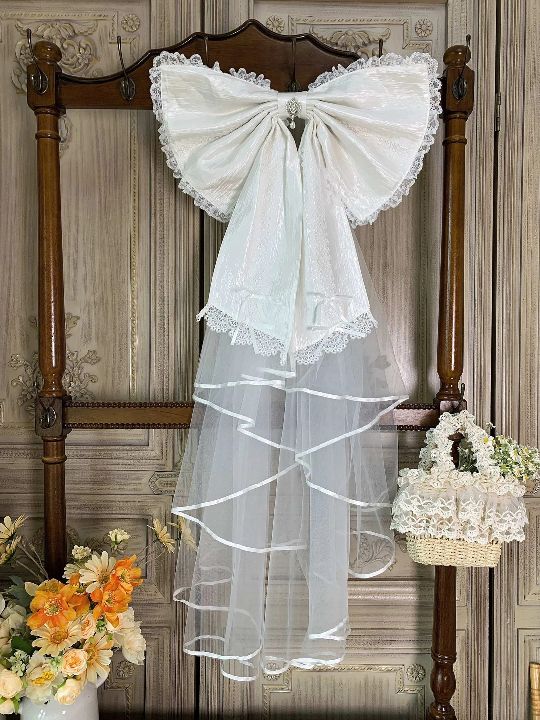 Wishing Star White Bow Trailing hanging display - elegant pure white lolita bow accessory with lace edge and minimalist long tulle tail
