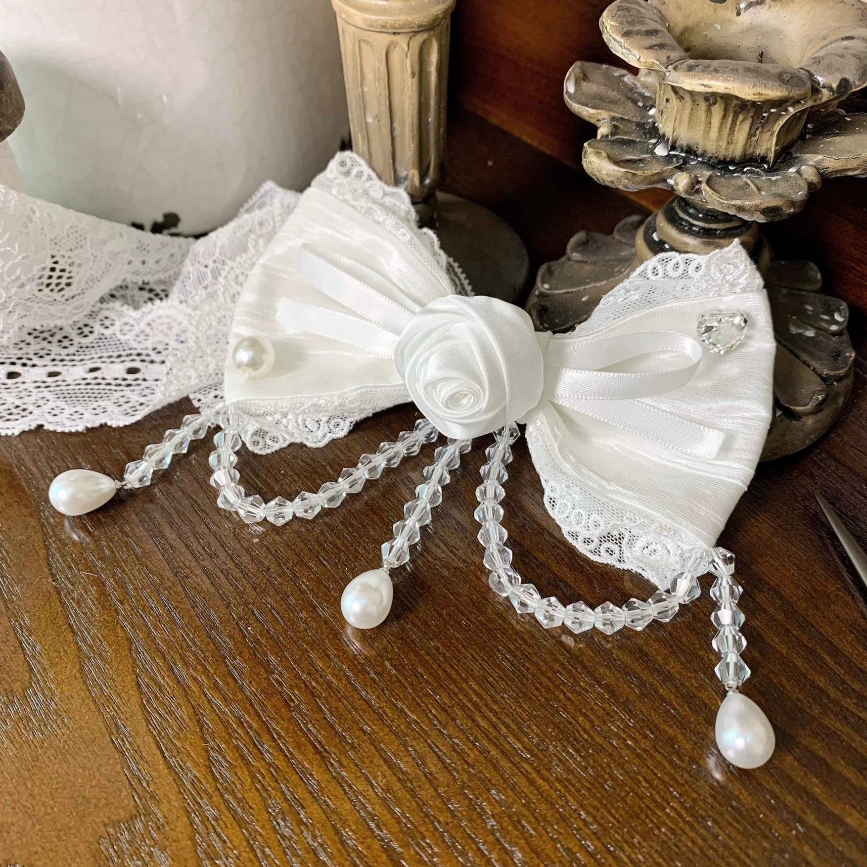 Wishing Star White Side Clip Brooch 2-in-1 flat lay - pure white lolita dual-purpose accessory with fabric rose flower lace trim rhinestone decoration