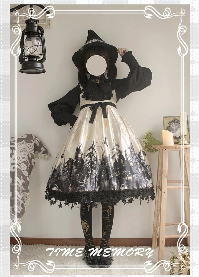 Witch-style Lolita outfit black witch hat blouse forest print lace hem skirt neck bow patterned stockings vintage scene