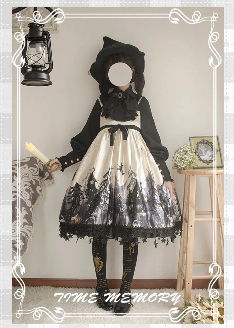 Witch-themed daily Lolita outfit black hat candle prop forest print lace skirt neck bow stockings vintage indoor setting