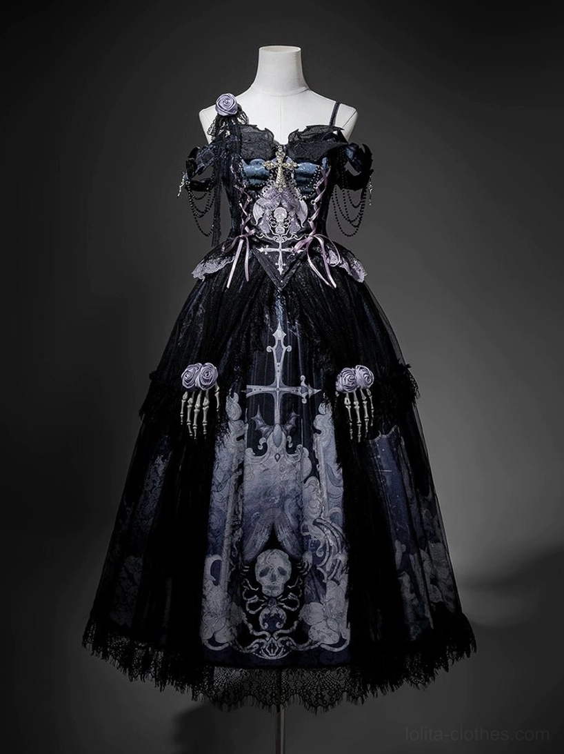 Withered Bone Gothic Lolita coordinated dress set on dress form studio display showing complete front ensemble with off-shoulder straps embroidered cross skull motifs chain tassels tiered lace tulle skirt