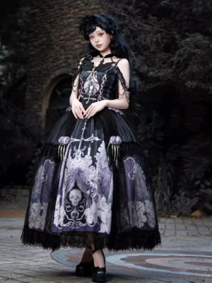 Withered Bone Gothic Lolita dress set front three-quarter view on model wearing black-purple skeleton floral jacquard coordinated ensemble with adjustable straps and tiered tulle skirt in vintage stone courtyard setting