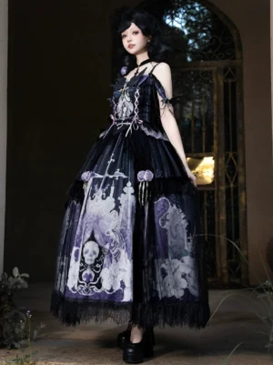 Gothic Lolita Withered Bone set side profile showing corset-style bodice spaghetti straps skeleton hand rose decoration on elastic waist with model posing in indoor vintage arched gate venue