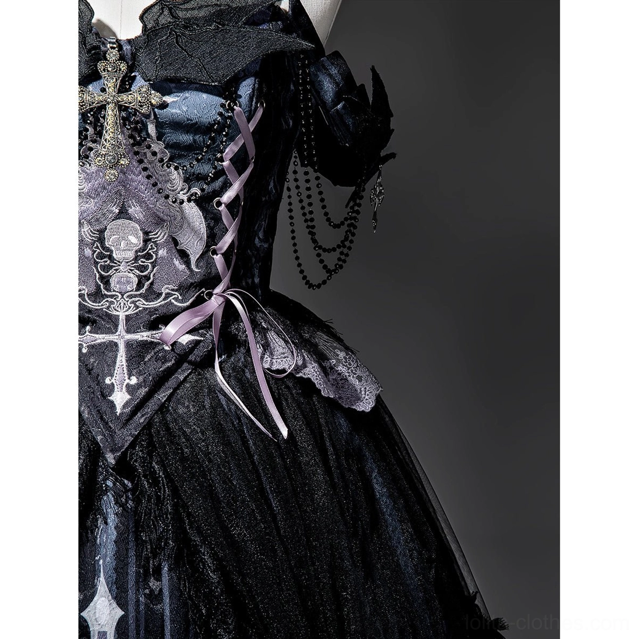 Withered Bone Gothic Lolita dress styling example showing complete coordinated look with black petticoat Mary Jane shoes lace socks gothic jewelry accessories alternative fashion aesthetic