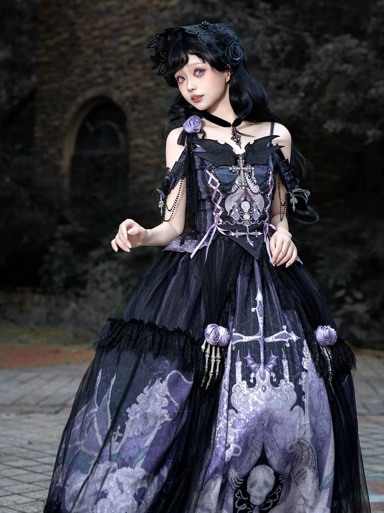 Withered Bone Gothic Lolita dress fabric close-up detail showing black-purple jacquard weave skeleton floral motifs intricate pattern definition premium material quality craftsmanship