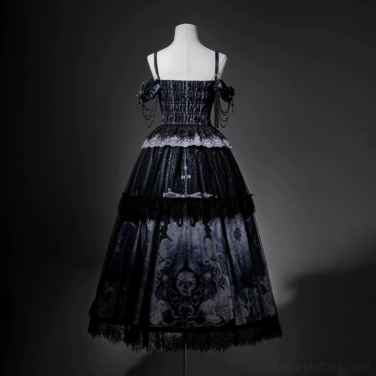 Withered Bone Gothic Lolita dress set back display on dress form featuring shirred elastic back bodice architecture ruffled tulle layers lace-trimmed hem matching skeleton pattern black-purple jacquard