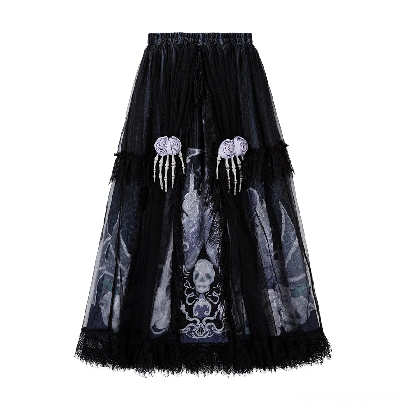 Withered Bone Gothic Lolita standalone skirt flat display featuring tiered black tulle layered construction vintage skull retro prints skeleton hand holding rose decorations elastic waist lace-trimmed hem