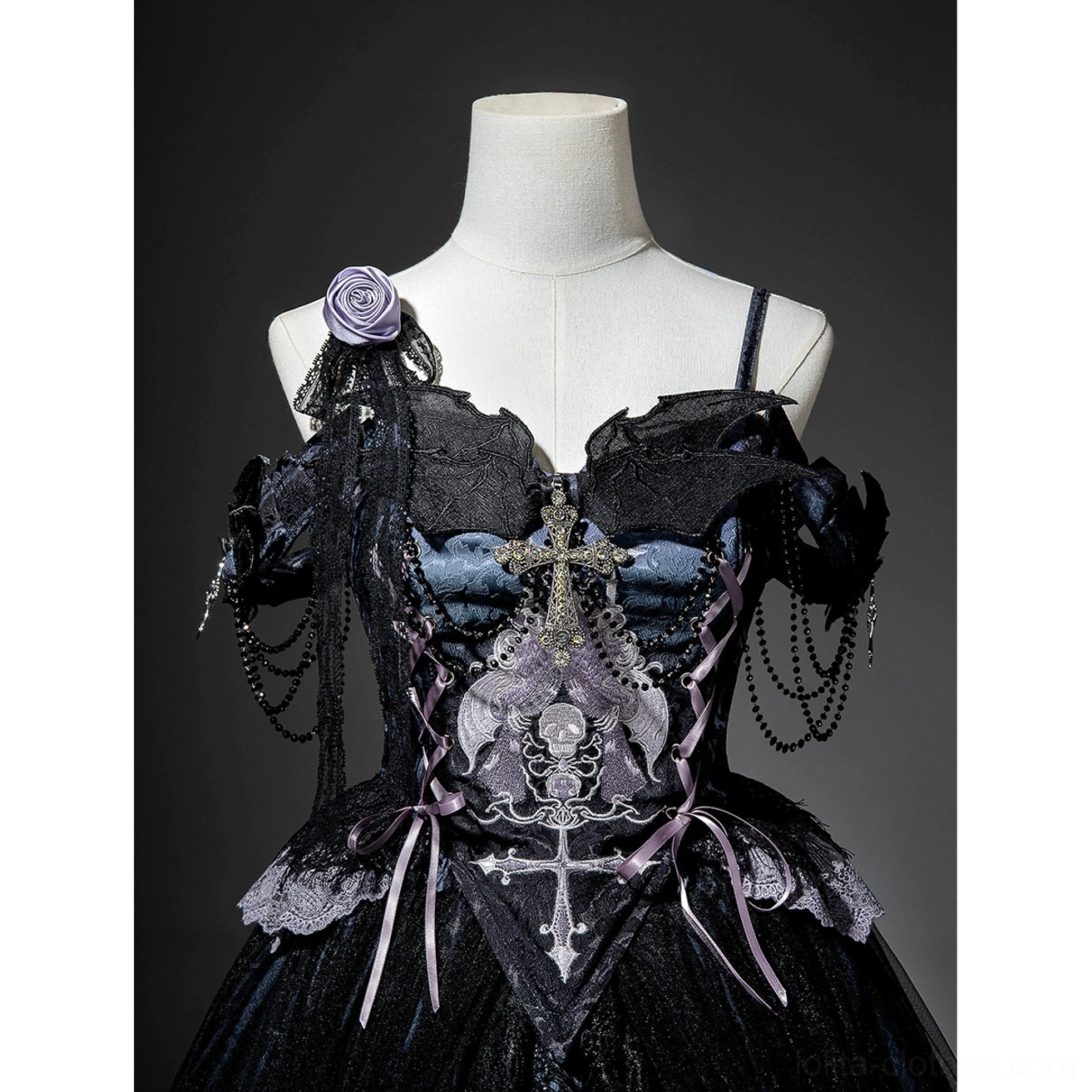 Withered Bone Gothic Lolita tulle overlay close-up showing 20D glitter Swiss dot net open-front layered construction creating ethereal volume classic lolita silhouette aesthetic