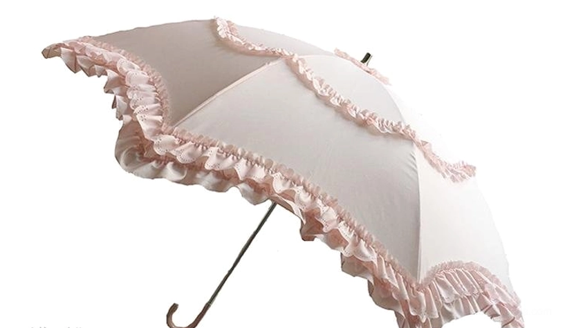 Withered pink romantic Lolita parasol with two-tone gradient canopy and delicate layered ruffles shown from left angle