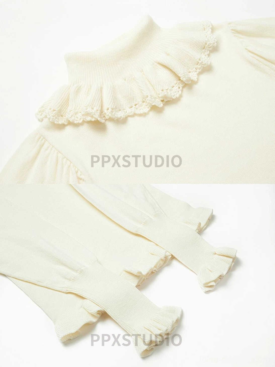 Wool lolita sweater detail shot ruffled cuffs and hem flounced mutton sleeve construction premium basolan wool