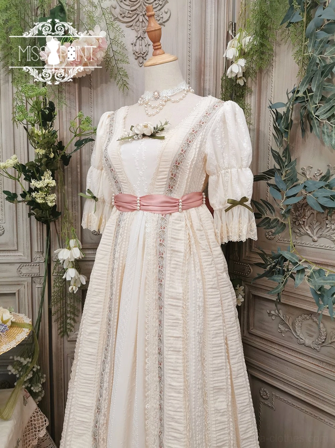 Woven fabric lolita belt D variant with pearl embellishments displaying handmade quality for classic lolita coordinates
