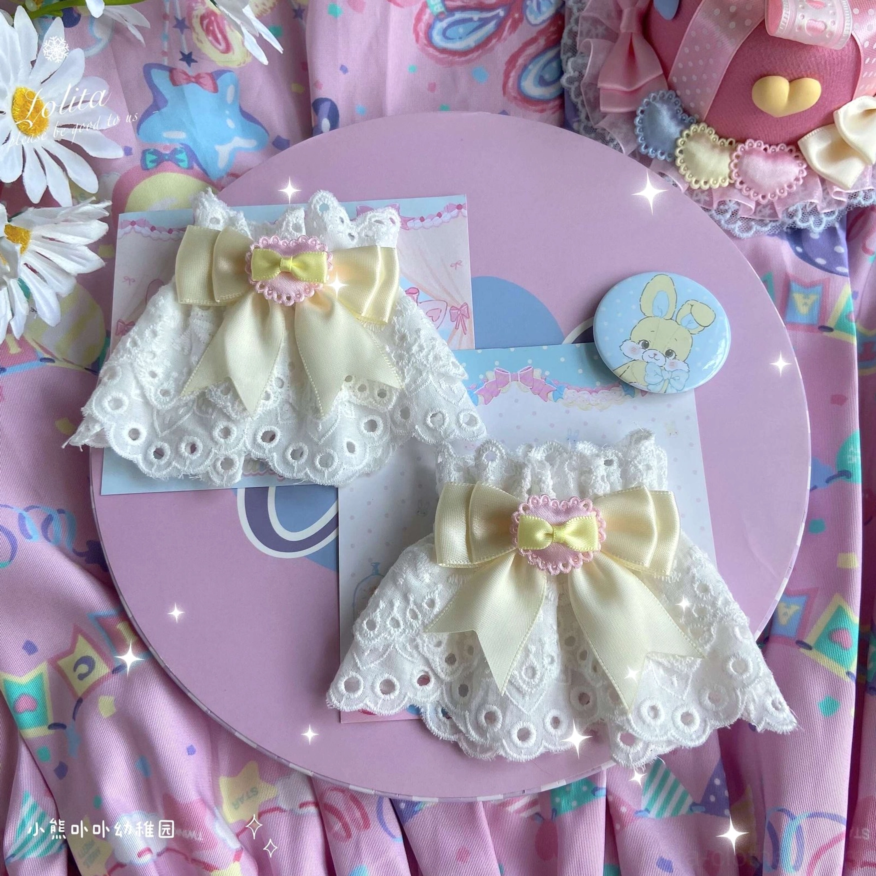 yellow satin bow lace wrist cuff heart decoration cheerful bright colored sweet lolita accessory