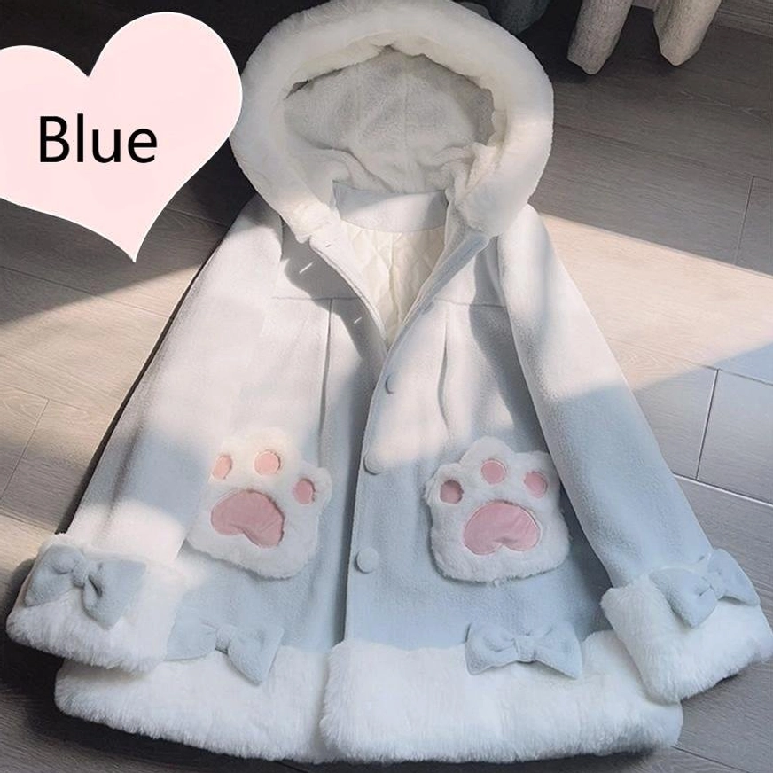 Yellow cheerful lolita cat plush coat with fuzzy details and cat paw pocket appliqués for standout sweet fashion expression