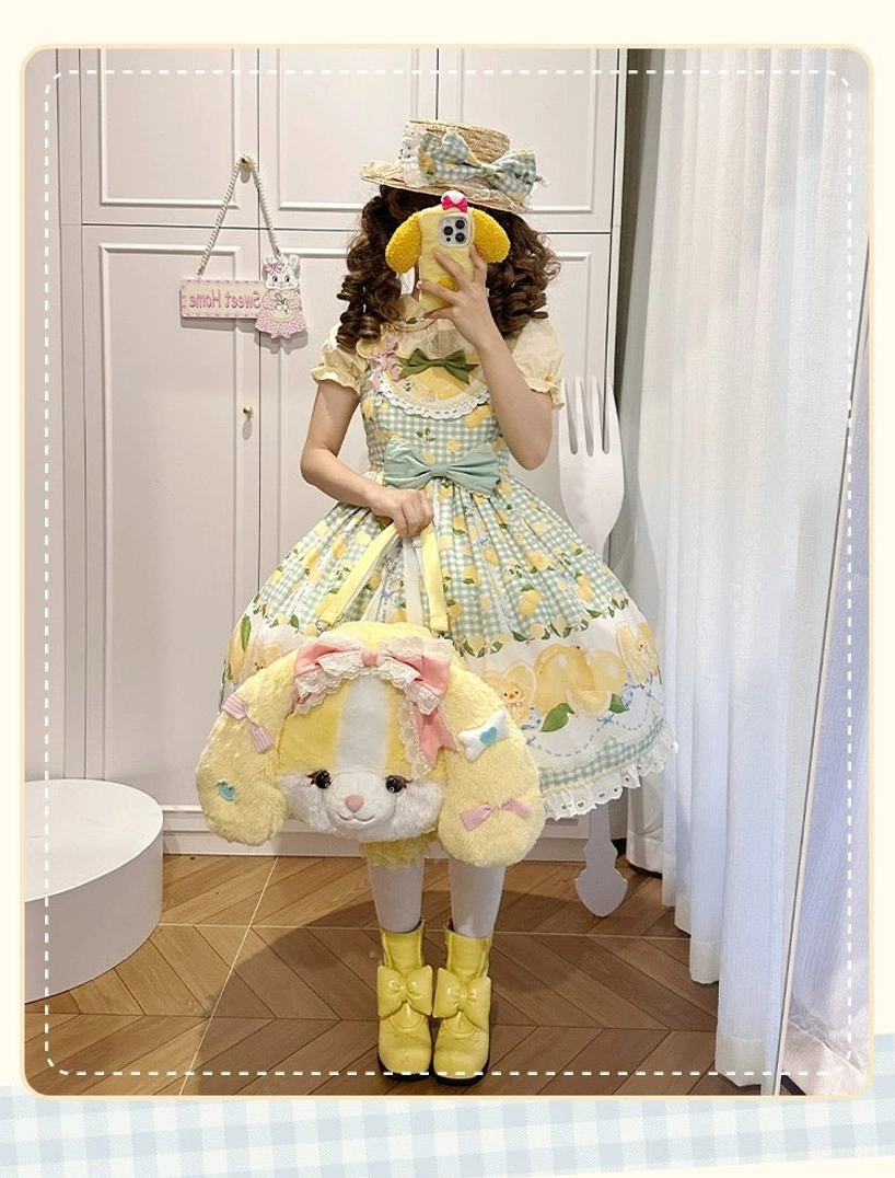 Yellow Cocker Spaniel plush lolita backpack full body front view model in yellow gingham sweet lolita dress with straw hat and boots