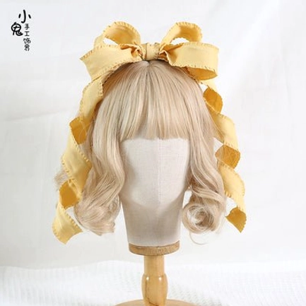 Cream yellow warm satin bowknot Lolita hair accessory with long flowing ribbon tails cheerful sweet Lolita KC