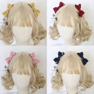 Yellow ginger frilled bow lolita hair accessories clips front display mannequin ruffled edges