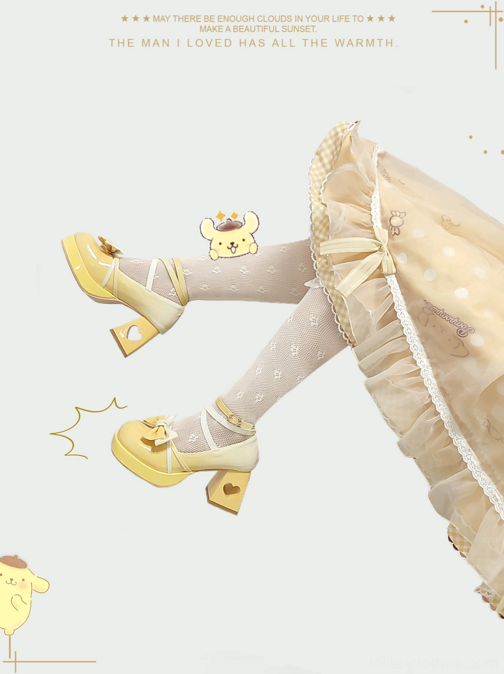 Yellow gradient Lolita platform heels on illustrated model legs with ankle strap bow, paired with ruffled Sweet Lolita dress and cute puppy cartoon decor in minimalist product showcase setting