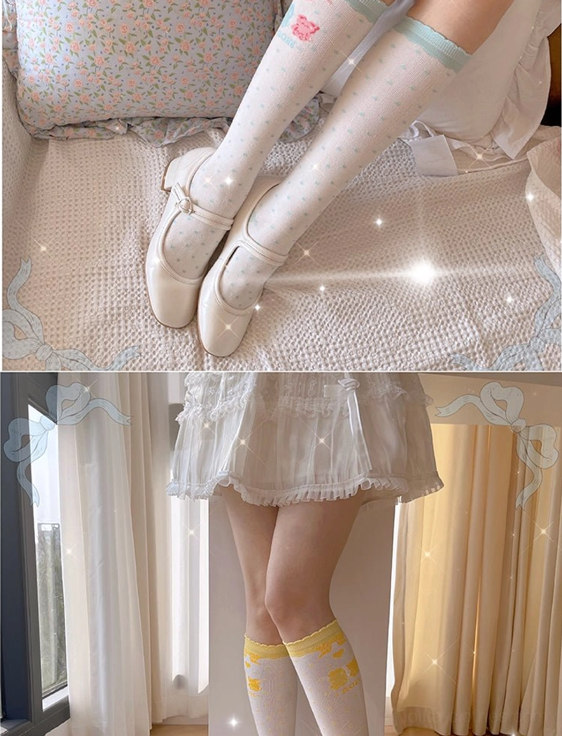 Yellow lolita calf socks cheerful color with cute bear bunny cartoon prints polka dots perfect for sweet lolita coordinates