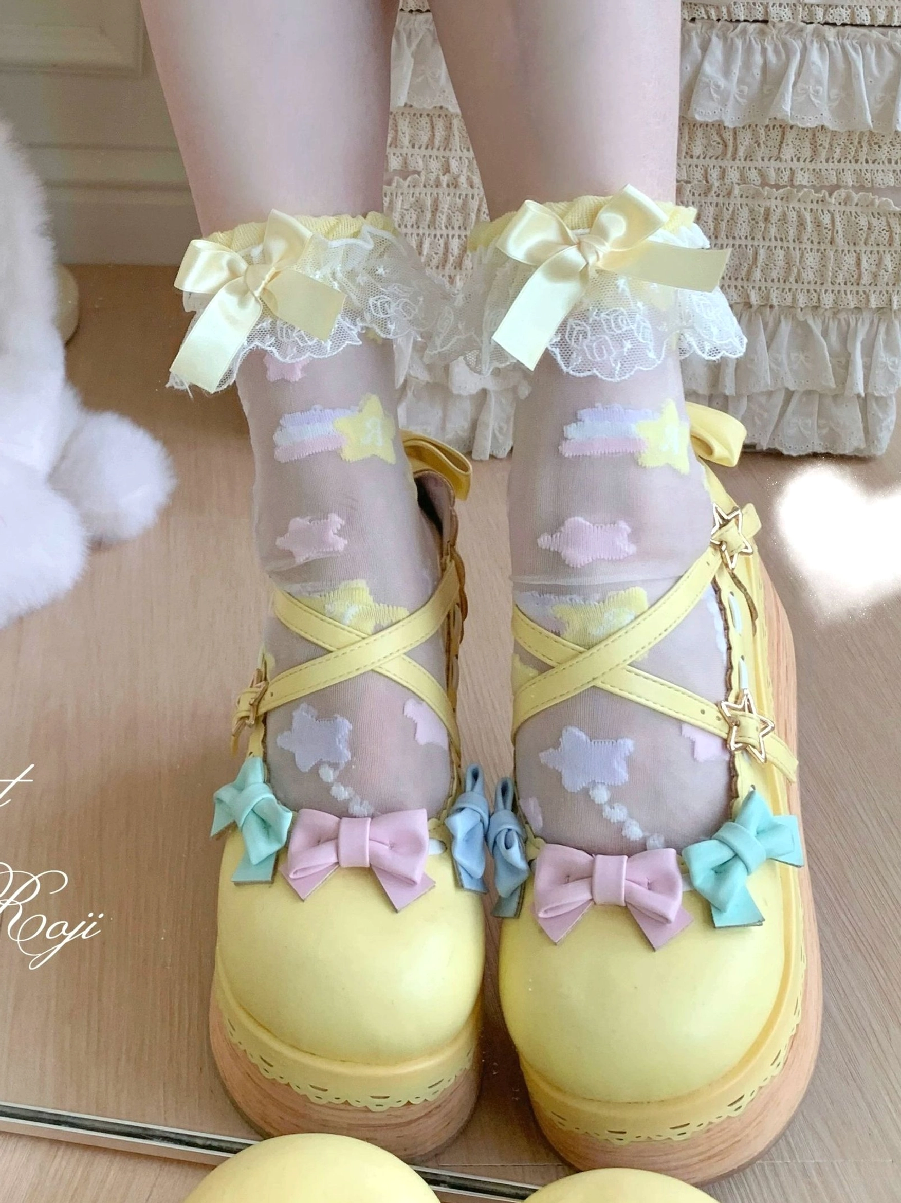 Yellow lolita sheer socks with colorful star embroidery yellow satin bow and dual-accent yellow mary janes
