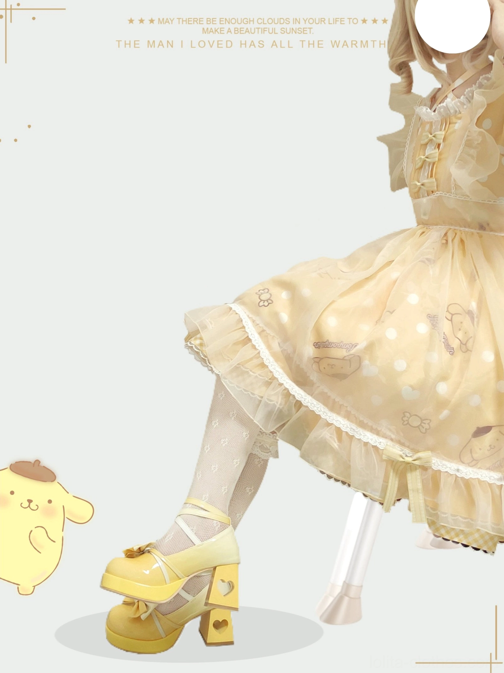 Side profile view of yellow Sweet Lolita platform heels with heart block heel and bow ankle strap on illustrated model, coordinated with ruffled tutu skirt and puppy cartoon studio background