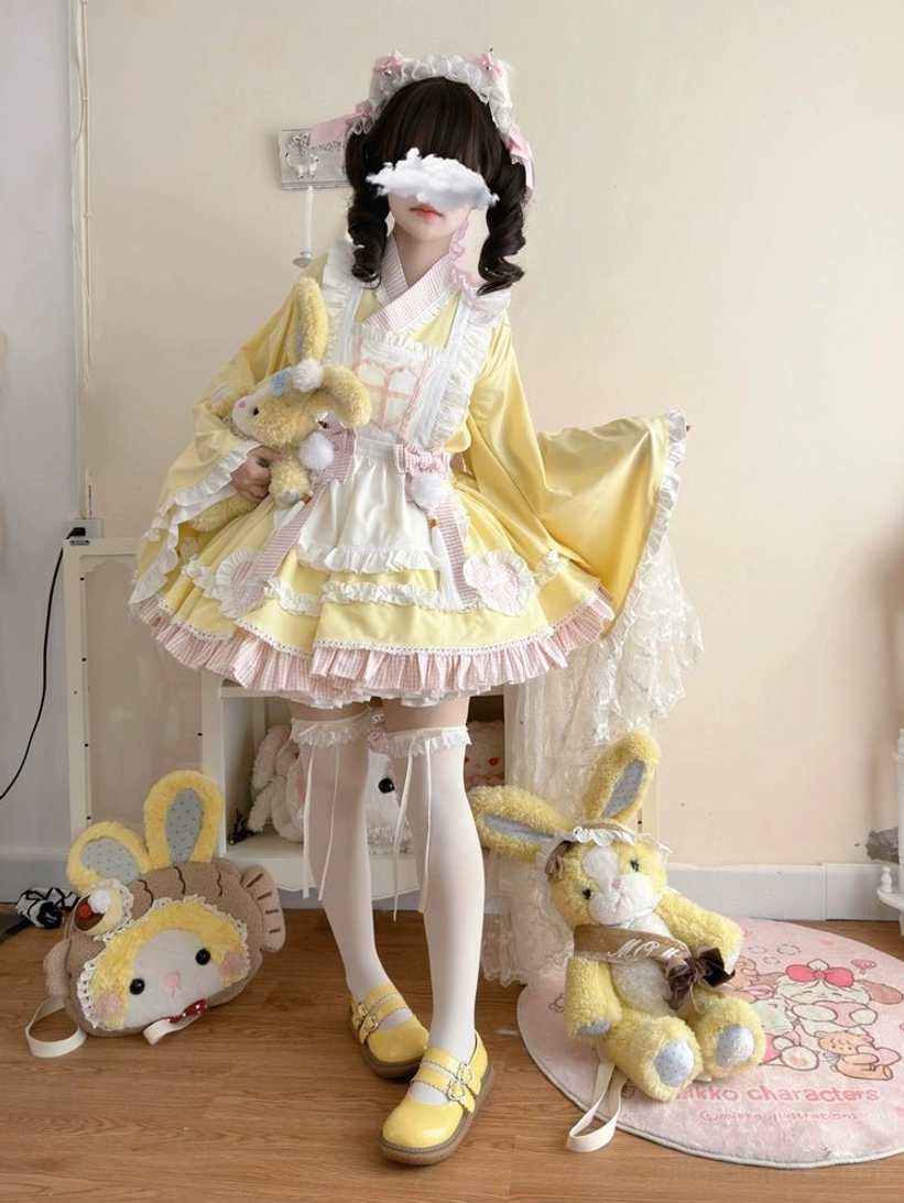 Yellow maid lolita nurse dress set front full-body view with cheerful vibrant color scheme and ruffled details