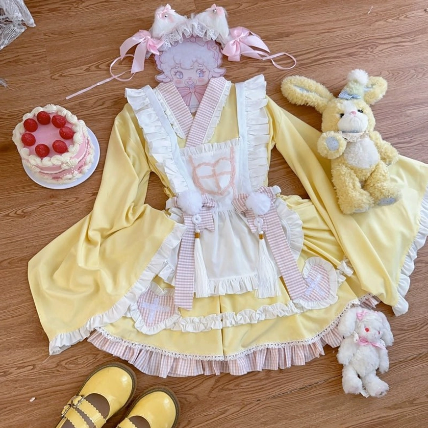 Yellow maid lolita nurse dress set styling shot with accessories and coordinate inspiration for lolita fashion