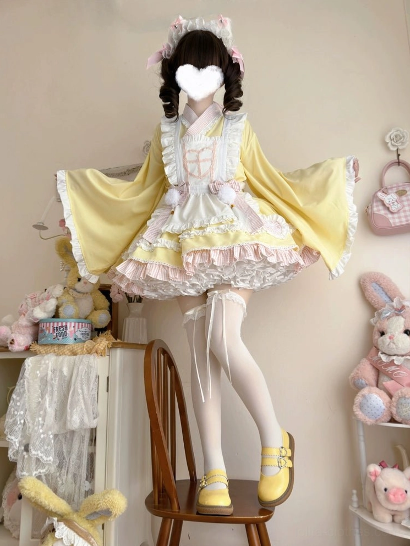 Yellow maid lolita nurse dress ensemble side profile showing layered ruffles and complete four-piece configuration