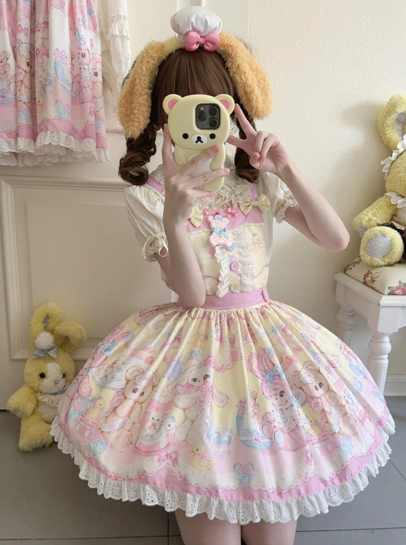 Yellow pink bear rabbit sweet lolita salopette dress pink waistband frilled lace hem cute animal print design