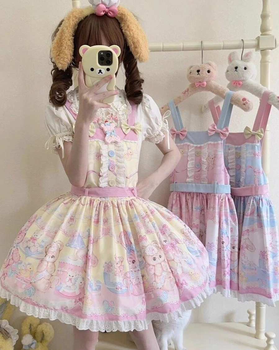 Yellow pink bear sweet lolita salopette dress twin bun hairstyle yellow fluffy ear headband cute animal prints