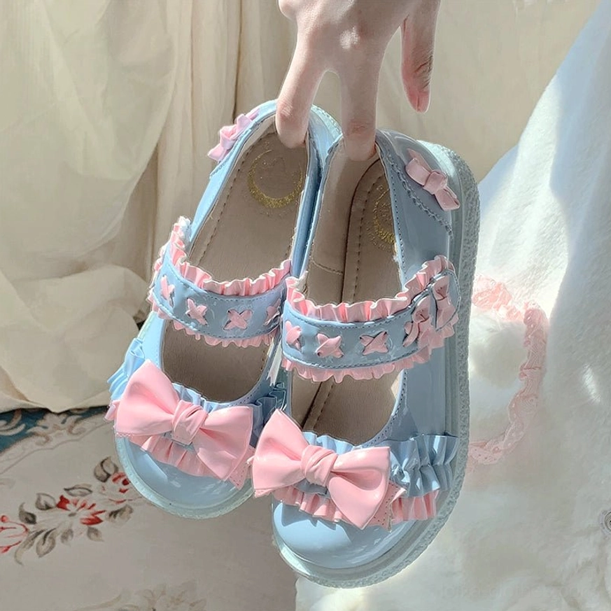 Yellow pink Lolita shoes in cheerful summer Lolita coordinate featuring bright pastel colors, festive styling and whimsical celebration aesthetic