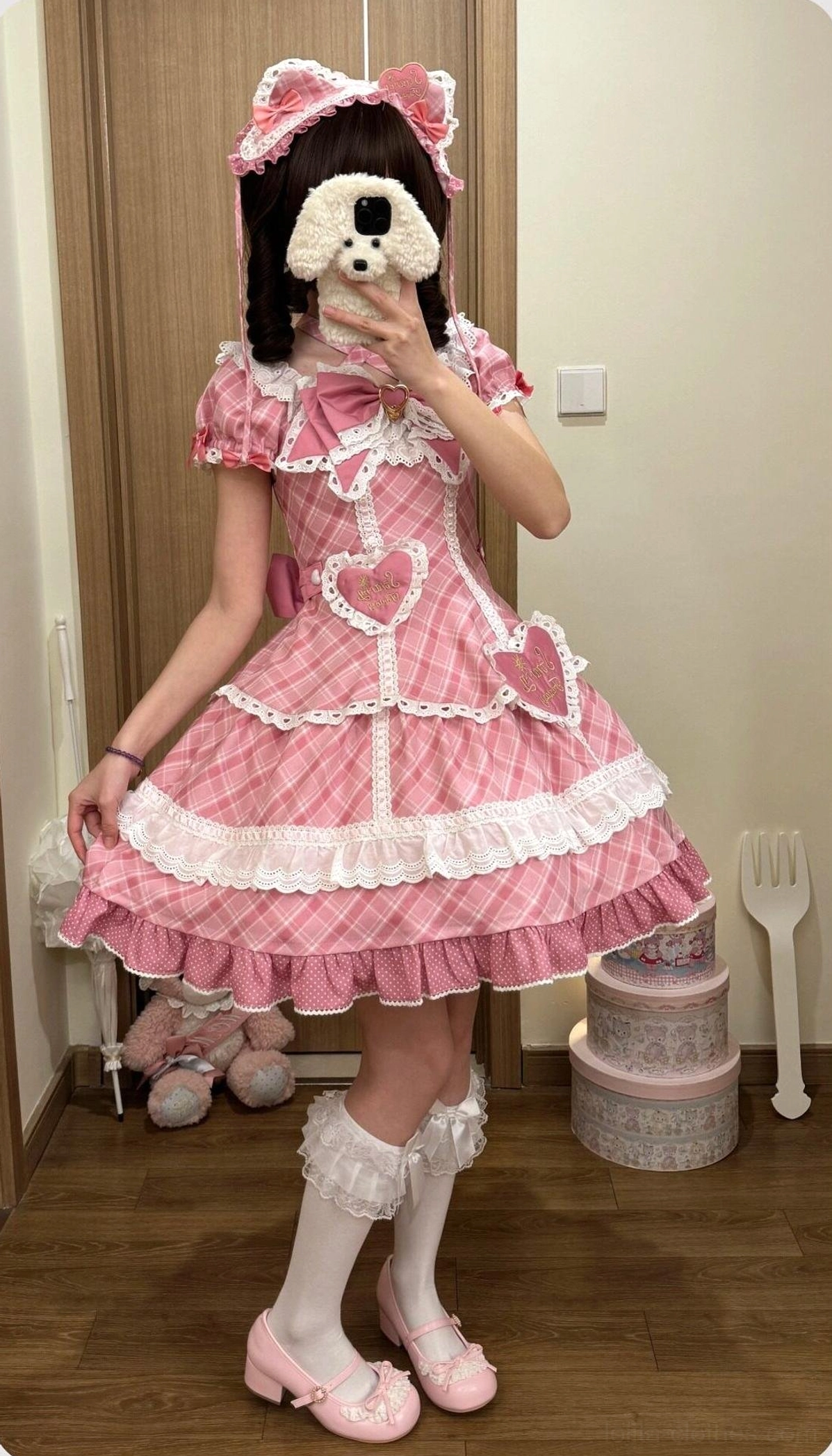 Yellow plaid sweet lolita OP one-piece dress with matching bunny ear hairband accessory showing detachable collar bow heart patch front cross collar tie and layered ruffled lace skirt construction
