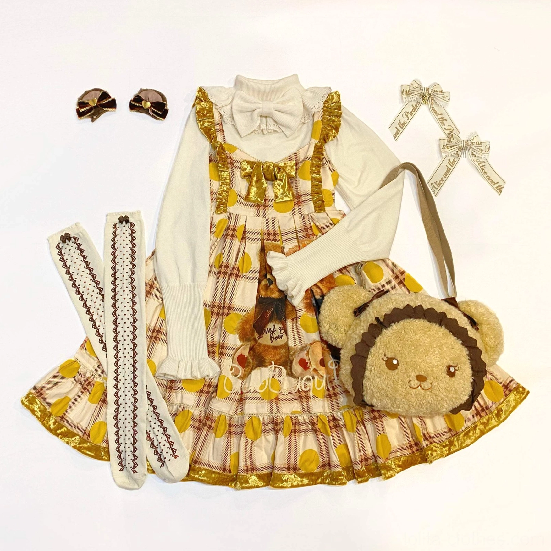 Yellow plaid teddy bear print sweet lolita JSK full matching set with pink wool inner sweater and accessories coordination