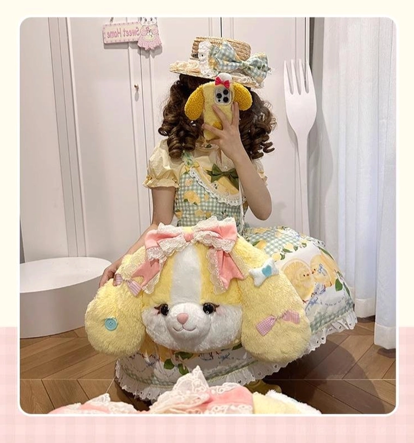 Yellow fluffy plush Cocker Spaniel backpack mirror selfie front view lolita girl gingham dress straw hat adorable puppy face decoration