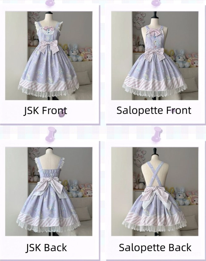 Yellow colorway sweet Lolita jumper skirt hanging display showcasing color vibrancy, lace trim clarity, decorative bow details, and overall garment shape