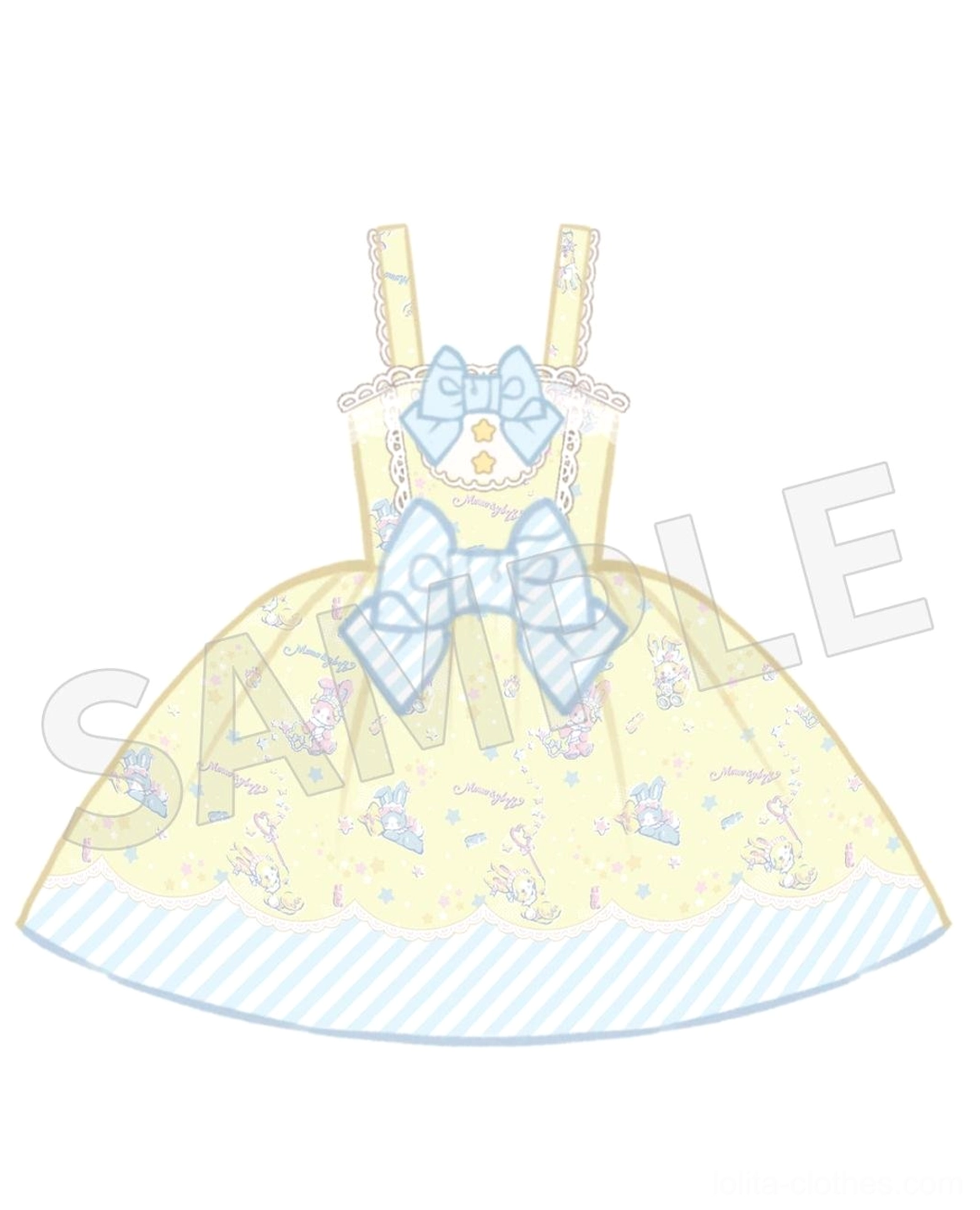 Yellow variant of sweet Lolita jumper skirt with matching apron and accessories showing yellow colorway, complete styling coordination