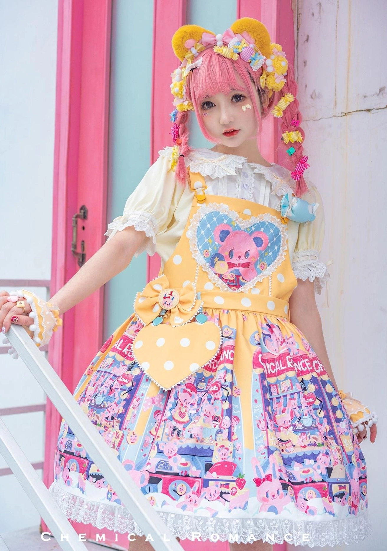 Yellow colorway sweet lolita salopette cartoon print bright cheerful design