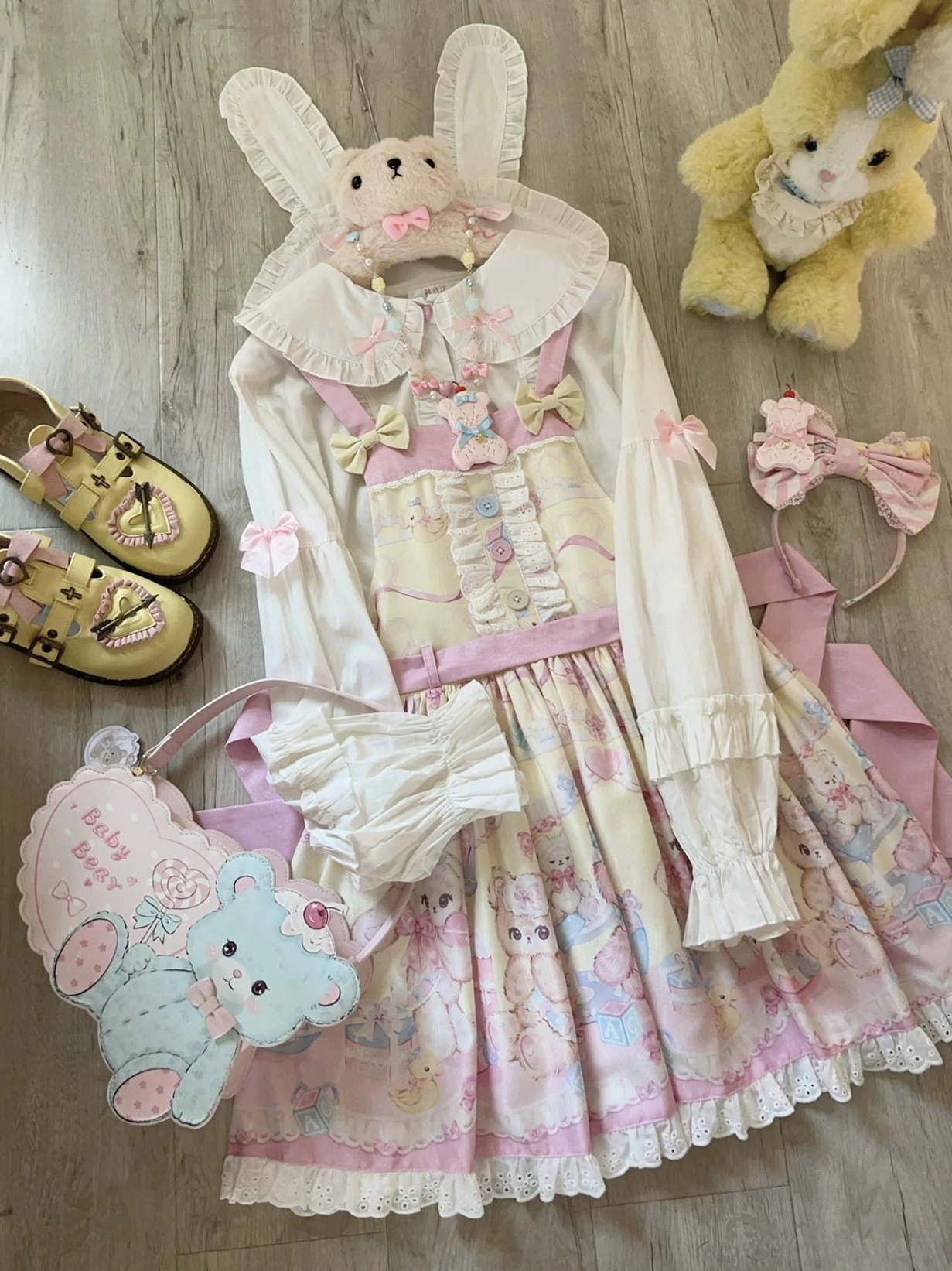 Yellow sweet lolita salopette jumper skirt with cute animal prints high-waist design full garment display