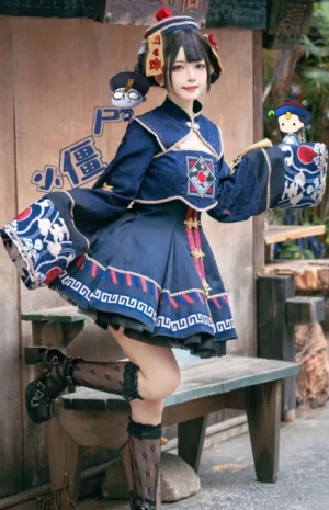 Jiangshi Lolita dress set three quarter side view outdoor wooden bench jiangshi hair accessory red tassel